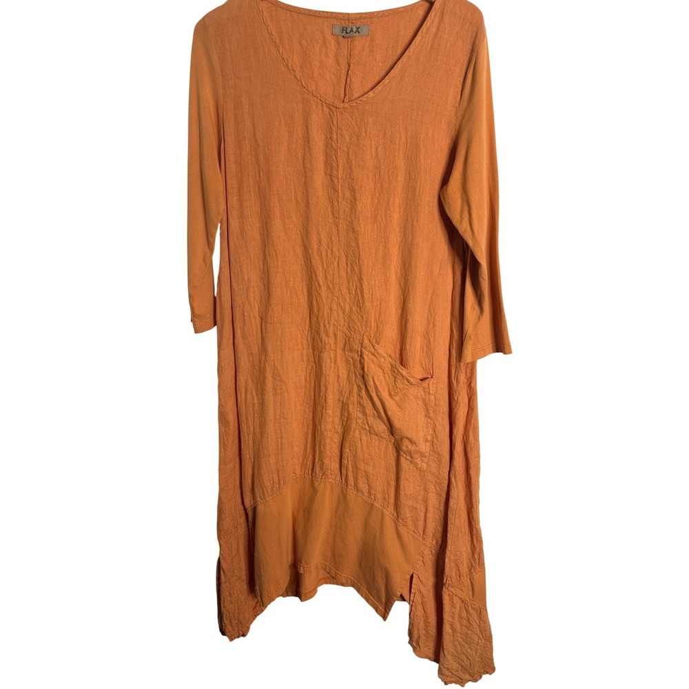 FLAX Size S Orange Linen Lagenlook Midi Dress Asymmetric Hem 3/4 Sleeve Boho